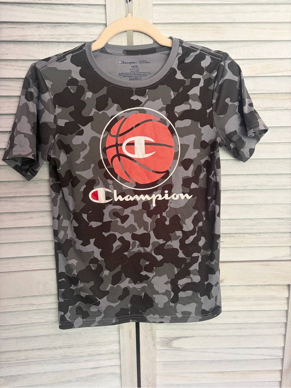 Champion Gray Camo Tee with Red Logo Accent